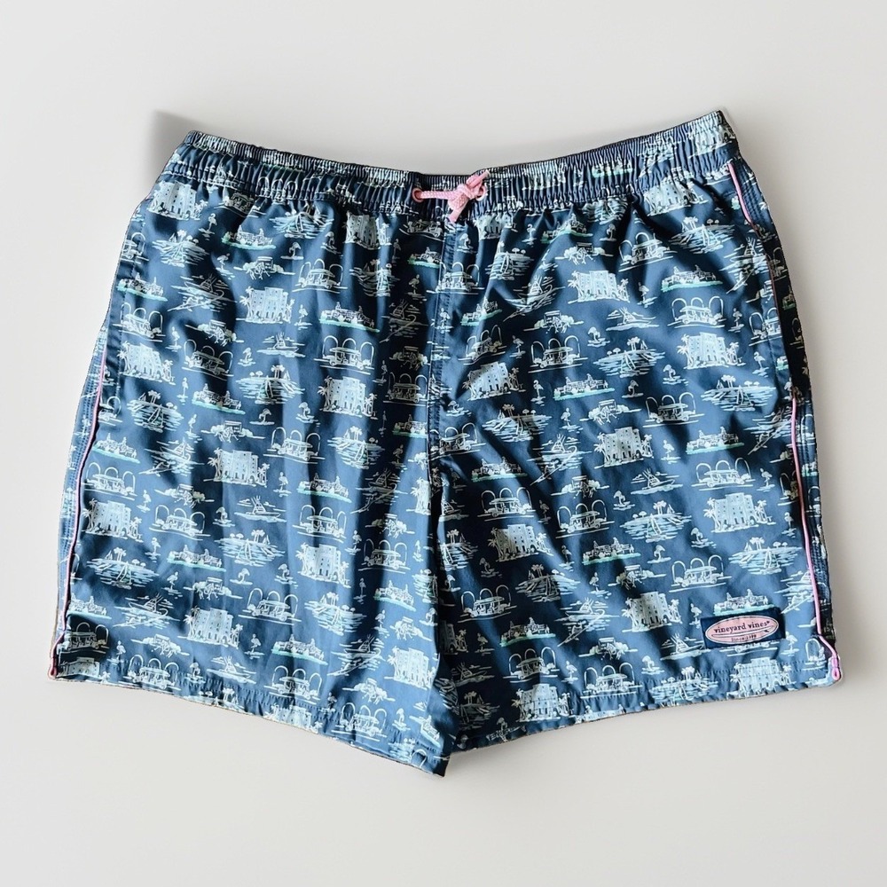 Vineyard Vines Navy Blue Scenic Print Swim Trunks with Pink Accents